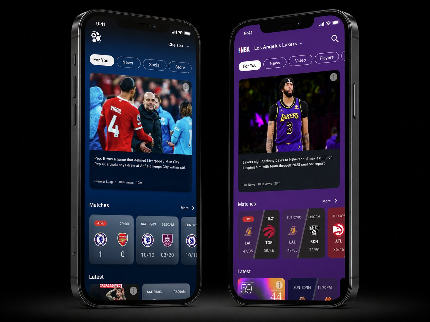 Sports white label UI — two phone mockups with different team branding